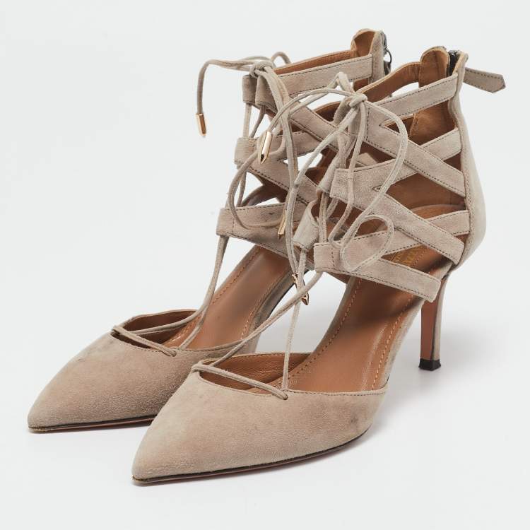 Pre Owned Aquazzura Beige Suede Belgravia Lace Up Pointed Toe Pumps 37.5