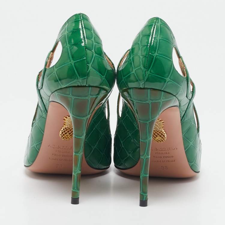 Pre Owned Aquazzura Green Croc Embossed Patent Leather Fenix  Pumps Size 38