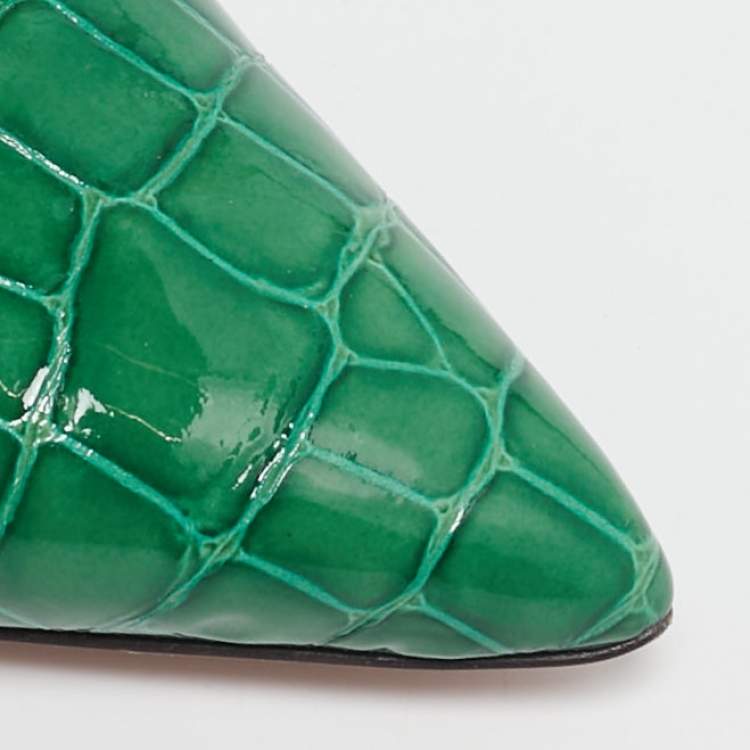 Pre Owned Aquazzura Green Croc Embossed Patent Leather Fenix  Pumps Size 38