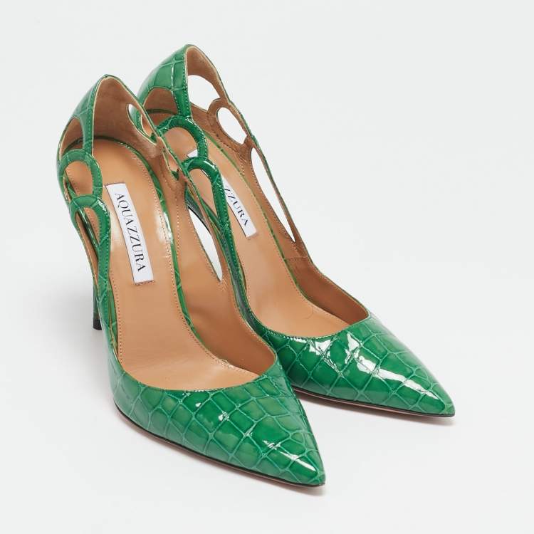 Pre Owned Aquazzura Green Croc Embossed Patent Leather Fenix  Pumps Size 38