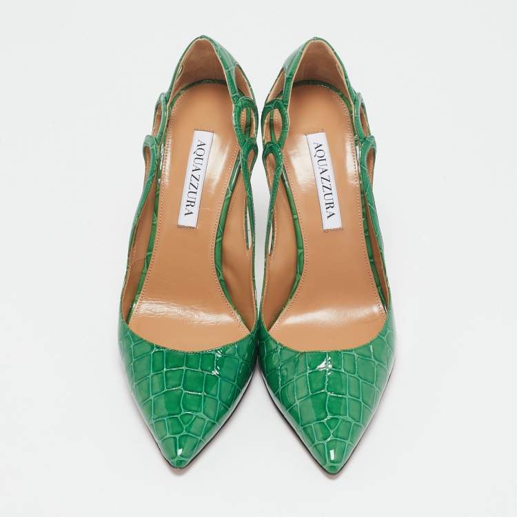 Pre Owned Aquazzura Green Croc Embossed Patent Leather Fenix  Pumps Size 38
