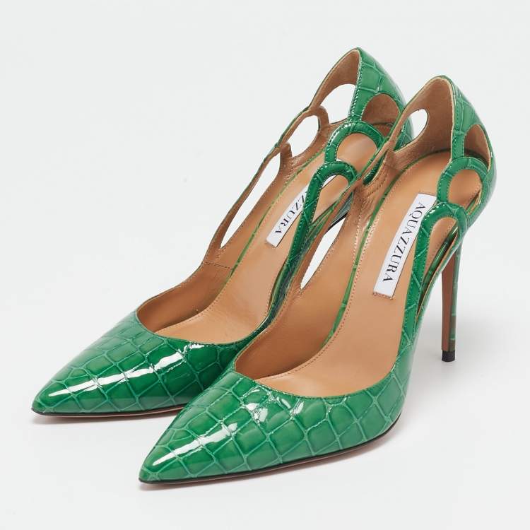 Pre Owned Aquazzura Green Croc Embossed Patent Leather Fenix  Pumps Size 38