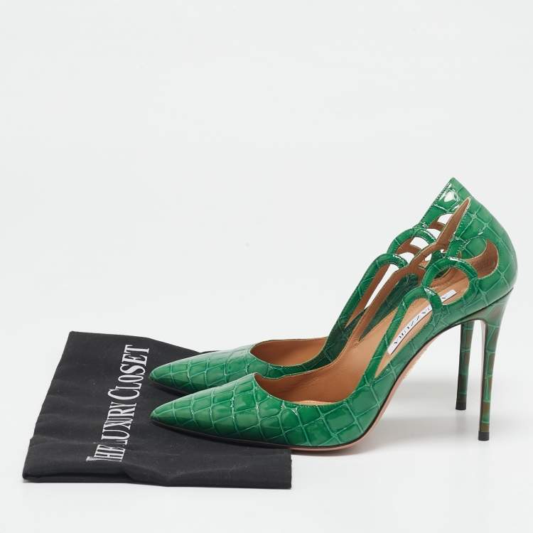 Pre Owned Aquazzura Green Croc Embossed Patent Leather Fenix  Pumps Size 38