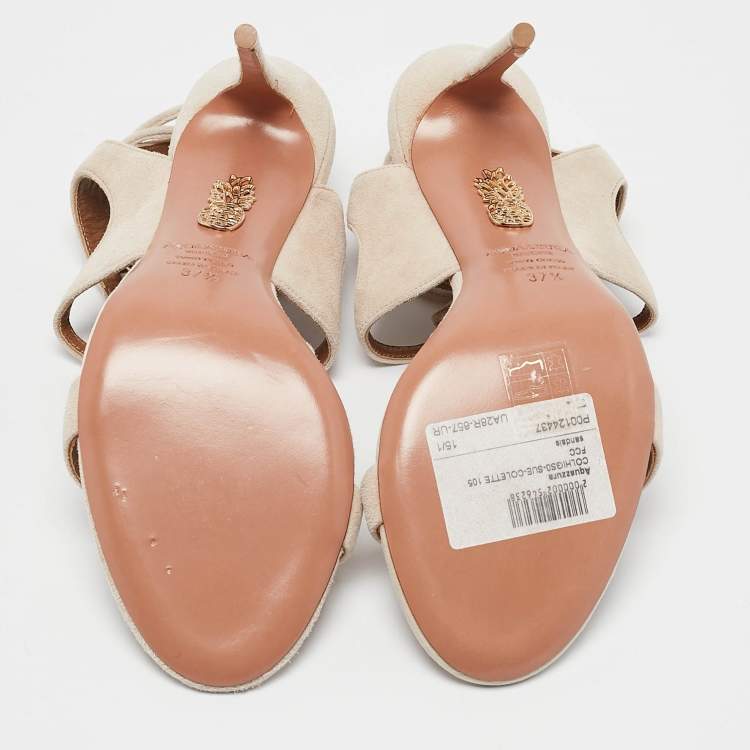 Pre Owned Aquazzura Cream Suede Colette 105 Ankle Strap Sandals Size 37.5