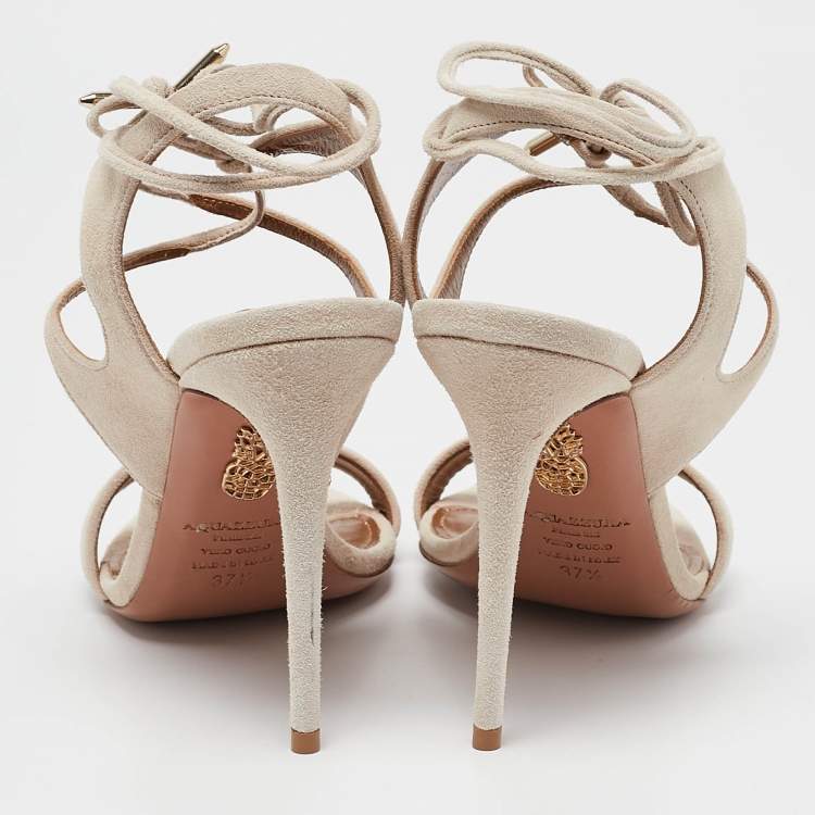 Pre Owned Aquazzura Cream Suede Colette 105 Ankle Strap Sandals Size 37.5