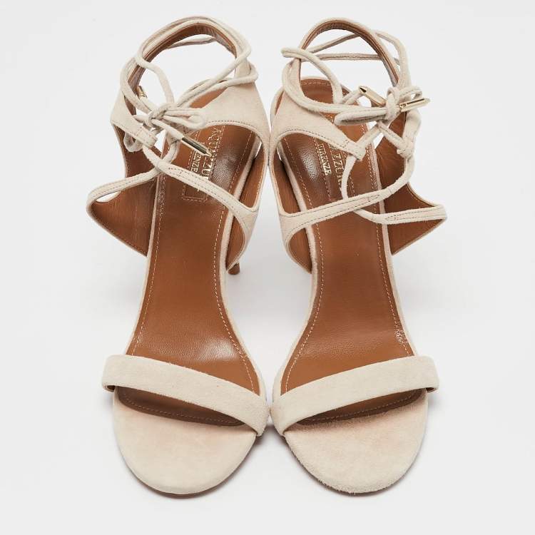 Pre Owned Aquazzura Cream Suede Colette 105 Ankle Strap Sandals Size 37.5