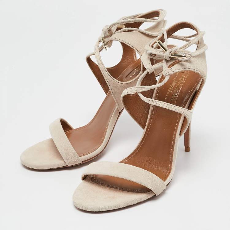 Pre Owned Aquazzura Cream Suede Colette 105 Ankle Strap Sandals Size 37.5