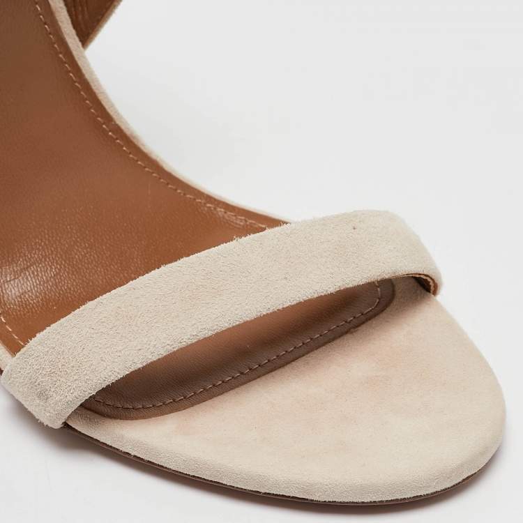 Pre Owned Aquazzura Cream Suede Colette 105 Ankle Strap Sandals Size 37.5