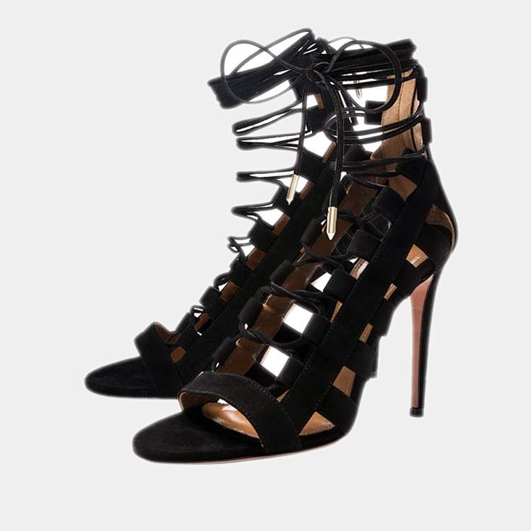 Pre Owned Aquazzura Black Suede Amazon Lace Up Open Toe Sandals Size 38.5