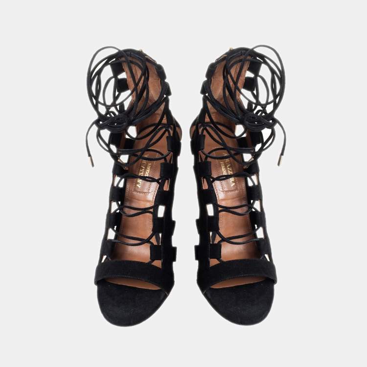 Pre Owned Aquazzura Black Suede Amazon Lace Up Open Toe Sandals Size 38.5