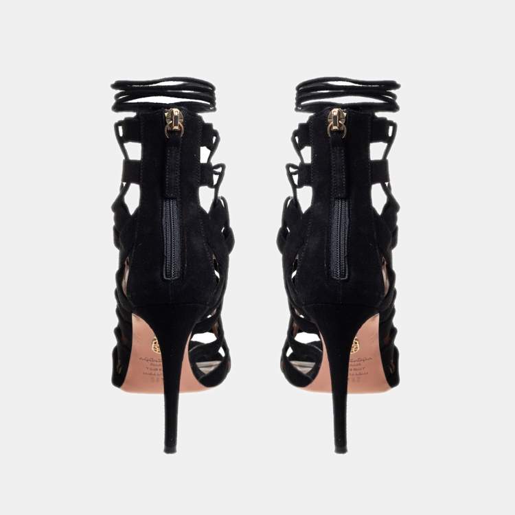 Pre Owned Aquazzura Black Suede Amazon Lace Up Open Toe Sandals Size 38.5