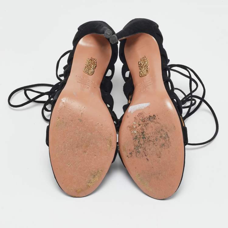 Pre Owned Aquazzura Black Suede Amazon Lace Up Open Toe Sandals Size 38.5