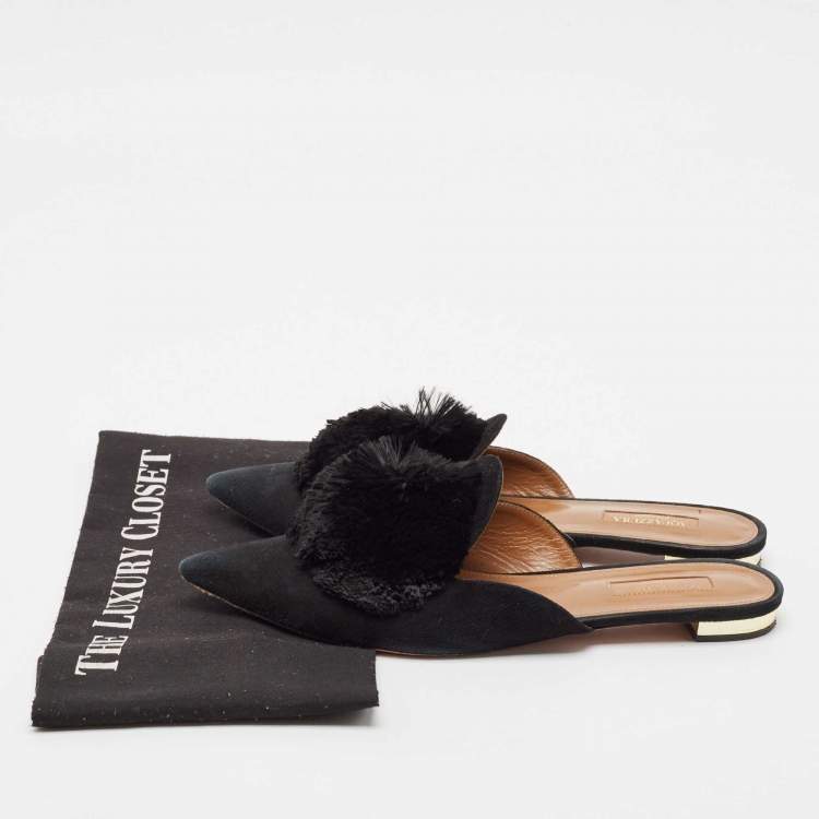 Pre Owned Aquazzura Black Suede Powder Puff Flat Sandals Size 39.5