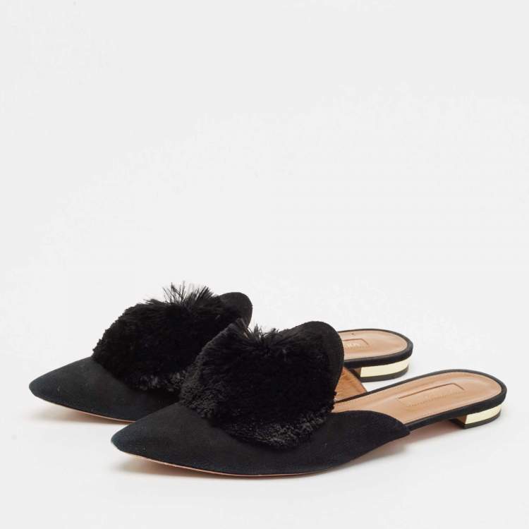 Pre Owned Aquazzura Black Suede Powder Puff Flat Sandals Size 39.5
