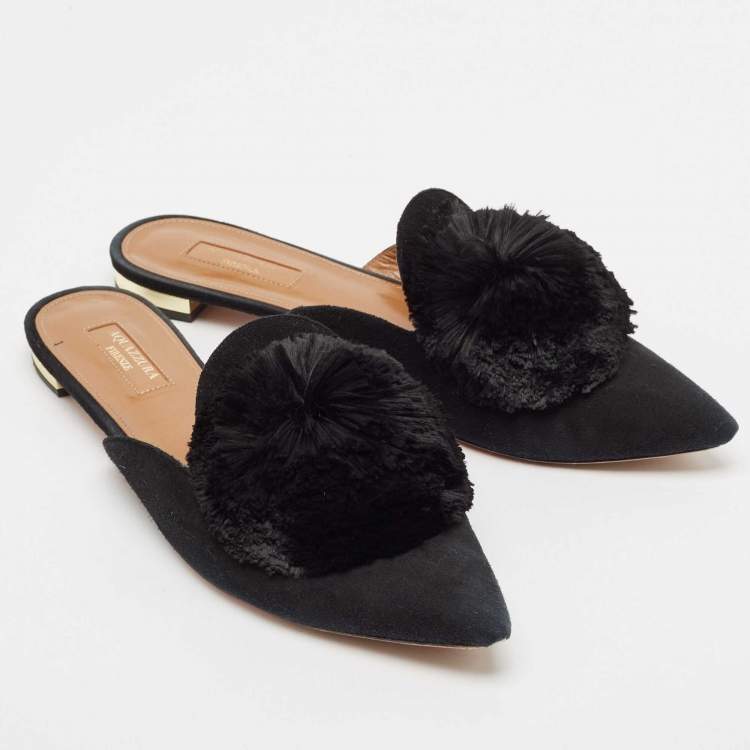 Pre Owned Aquazzura Black Suede Powder Puff Flat Sandals Size 39.5