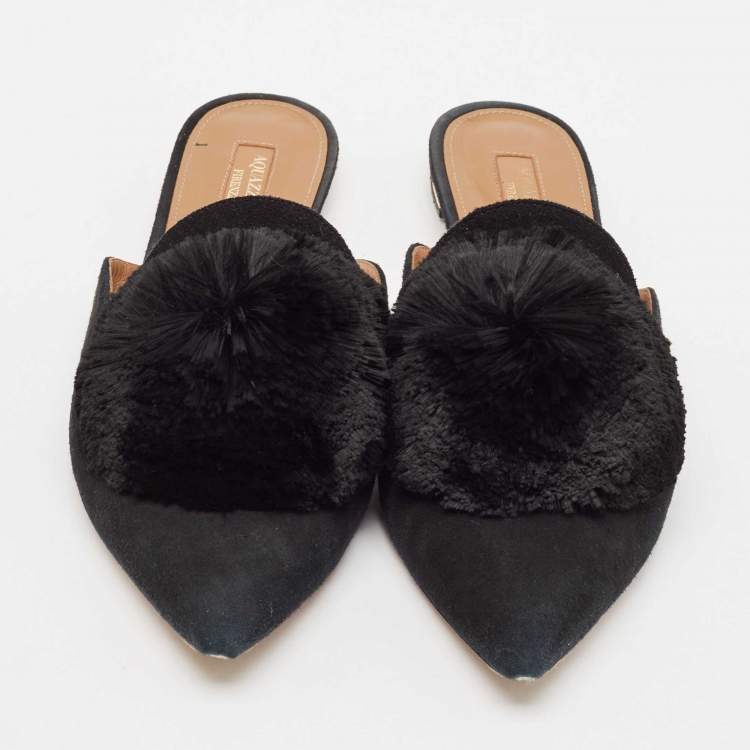 Pre Owned Aquazzura Black Suede Powder Puff Flat Sandals Size 39.5