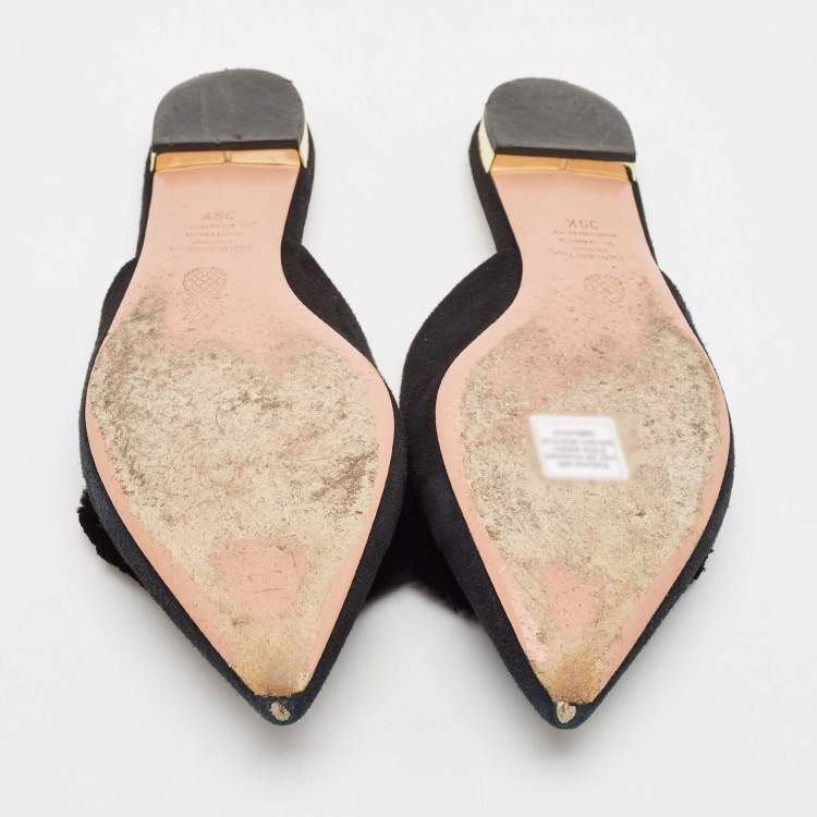 Pre Owned Aquazzura Black Suede Powder Puff Flat Sandals Size 39.5