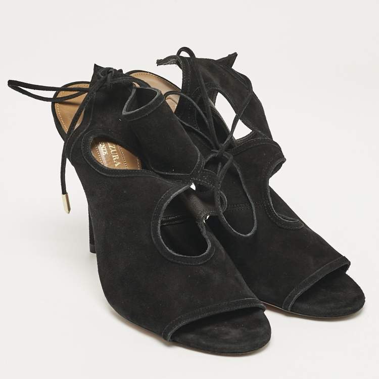Pre Owned Aquazzura Black Suede Sexy Thing Ankle Strap Sandals Size 38.5