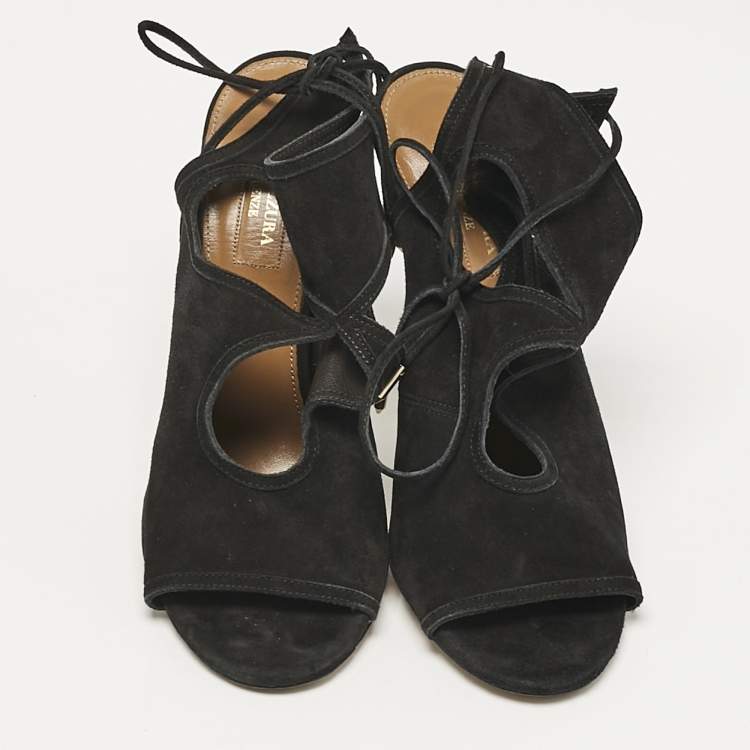 Pre Owned Aquazzura Black Suede Sexy Thing Ankle Strap Sandals Size 38.5
