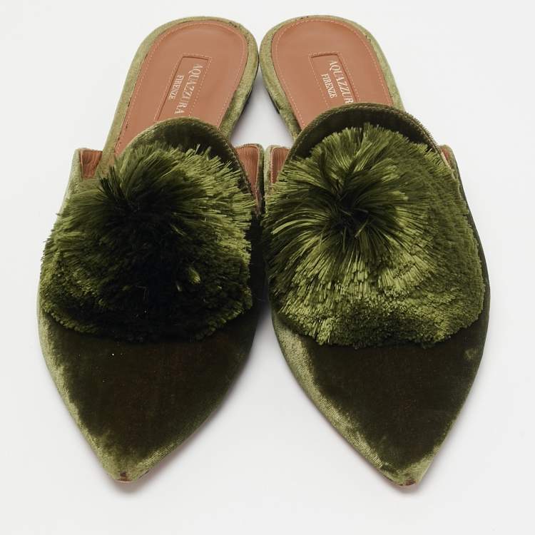 Pre Owned Aquazzura Green Velvet Powder Puff Mules Size 41