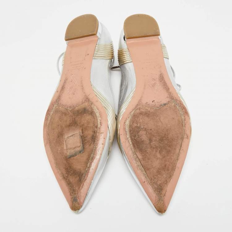 Pre Owned Aquazzura Silver/Gold Leather Ankle Wrap Ballet Flats Size 38.5