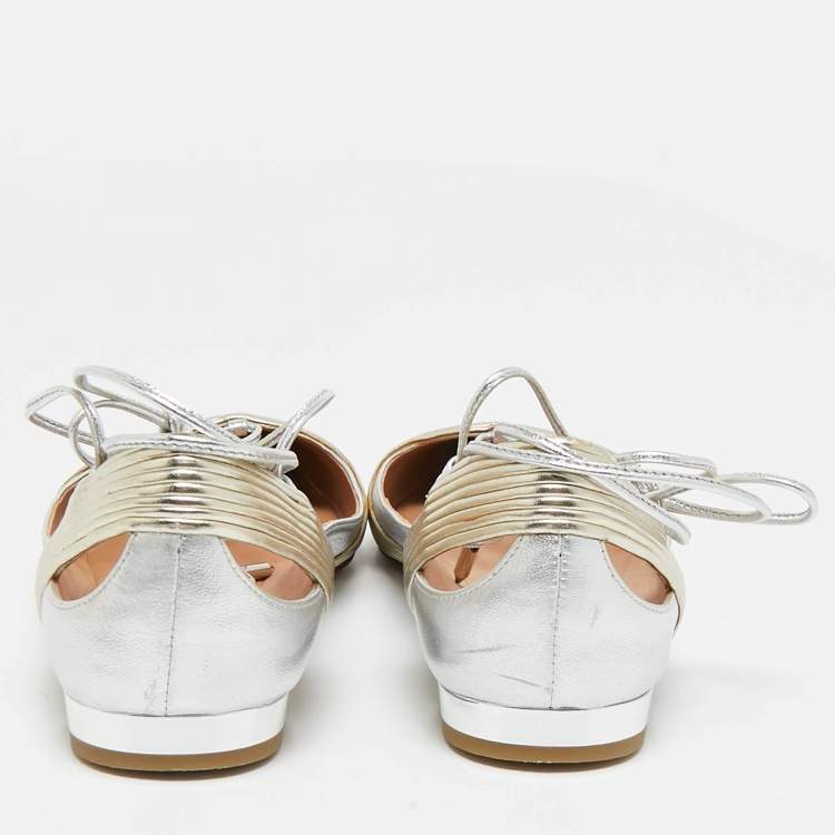 Pre Owned Aquazzura Silver/Gold Leather Ankle Wrap Ballet Flats Size 38.5