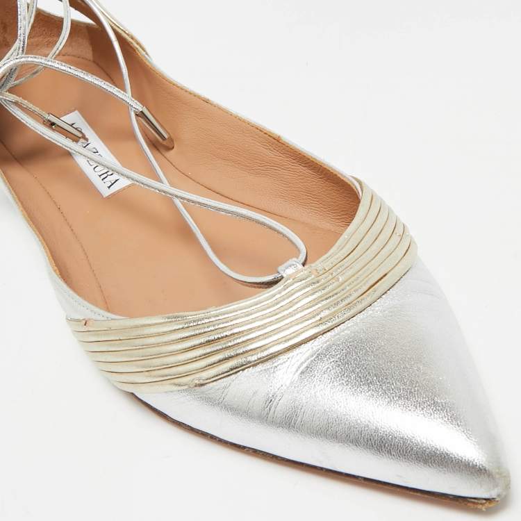 Pre Owned Aquazzura Silver/Gold Leather Ankle Wrap Ballet Flats Size 38.5