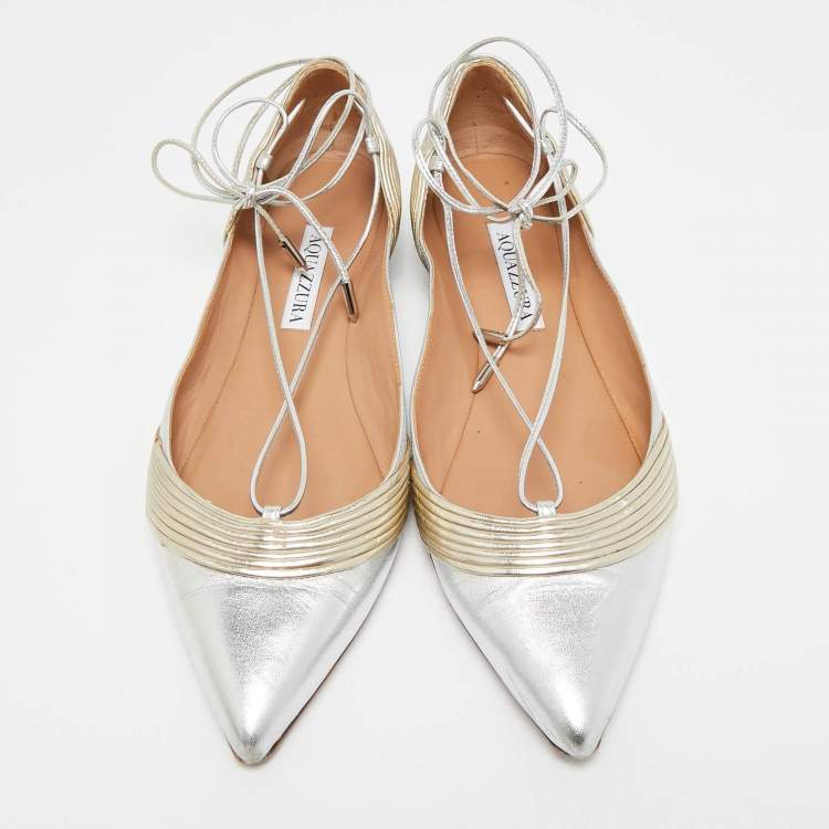 Pre Owned Aquazzura Silver/Gold Leather Ankle Wrap Ballet Flats Size 38.5