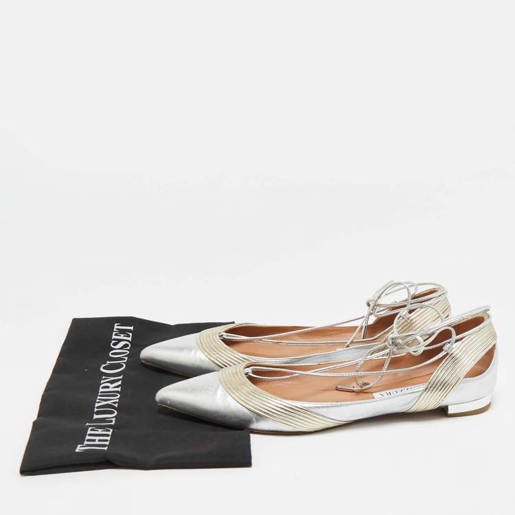 Pre Owned Aquazzura Silver/Gold Leather Ankle Wrap Ballet Flats Size 38.5
