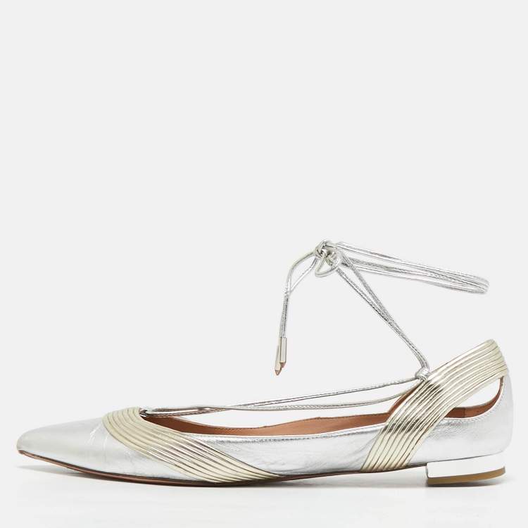 Pre Owned Aquazzura Silver/Gold Leather Ankle Wrap Ballet Flats Size 38.5