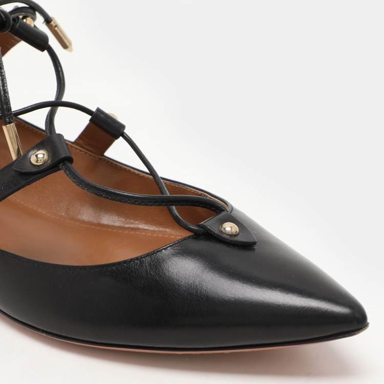 Pre Owned Aquazzura Black Leather Christy Lace Up Ballet Flats Size 38