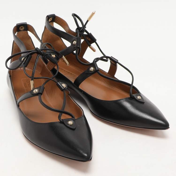 Pre Owned Aquazzura Black Leather Christy Lace Up Ballet Flats Size 38