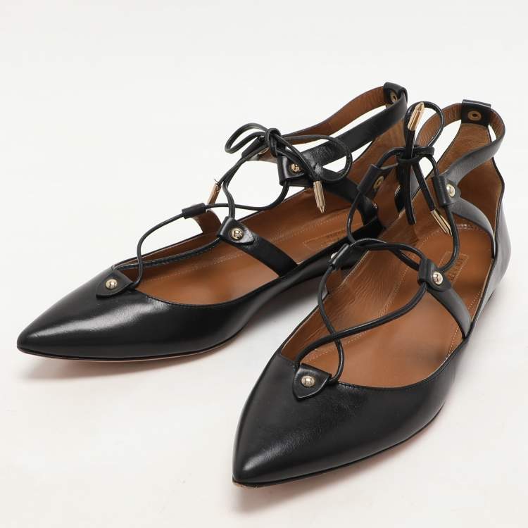 Pre Owned Aquazzura Black Leather Christy Lace Up Ballet Flats Size 38