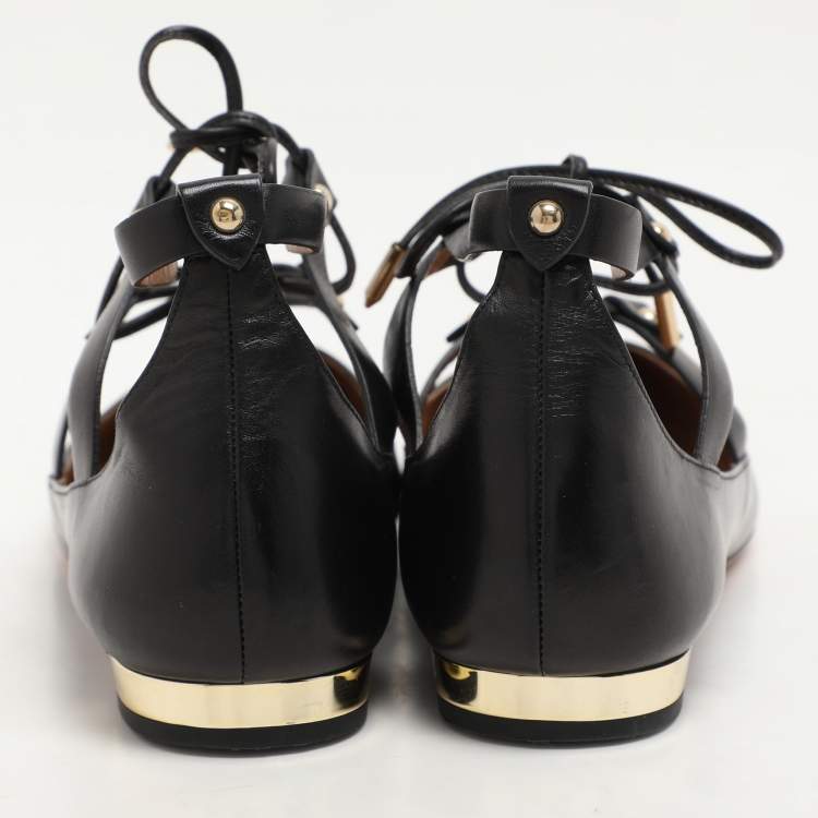 Pre Owned Aquazzura Black Leather Christy Lace Up Ballet Flats Size 38