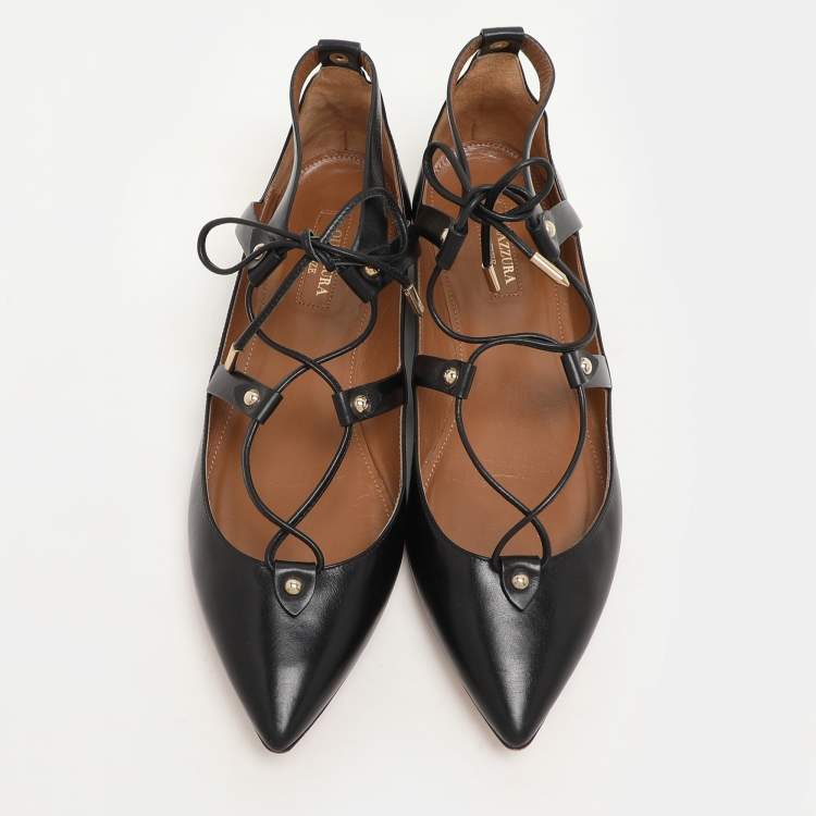 Pre Owned Aquazzura Black Leather Christy Lace Up Ballet Flats Size 38