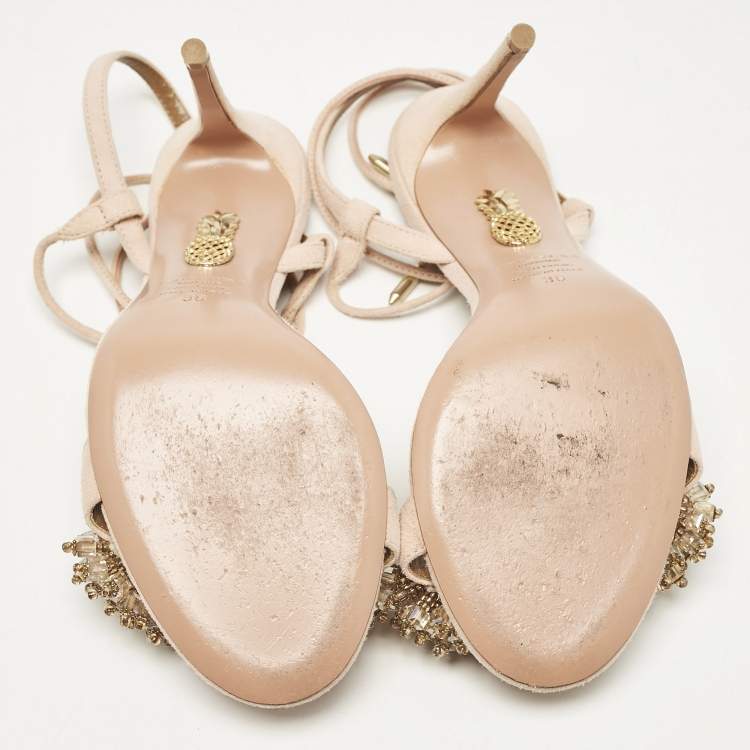Pre Owned Aquazzura Peach Suede Monaco Embellished Ankle Wrap Sandals Size 36