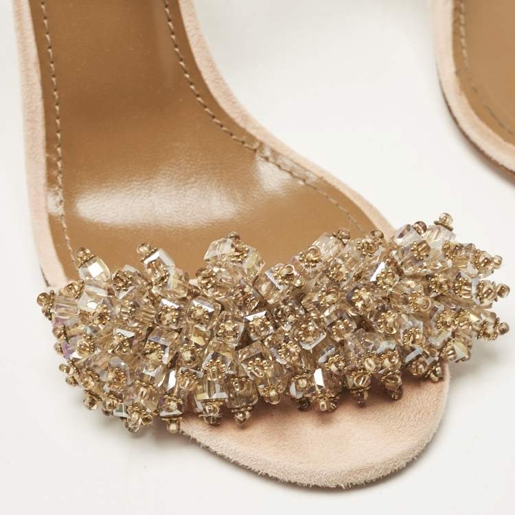 Pre Owned Aquazzura Peach Suede Monaco Embellished Ankle Wrap Sandals Size 36