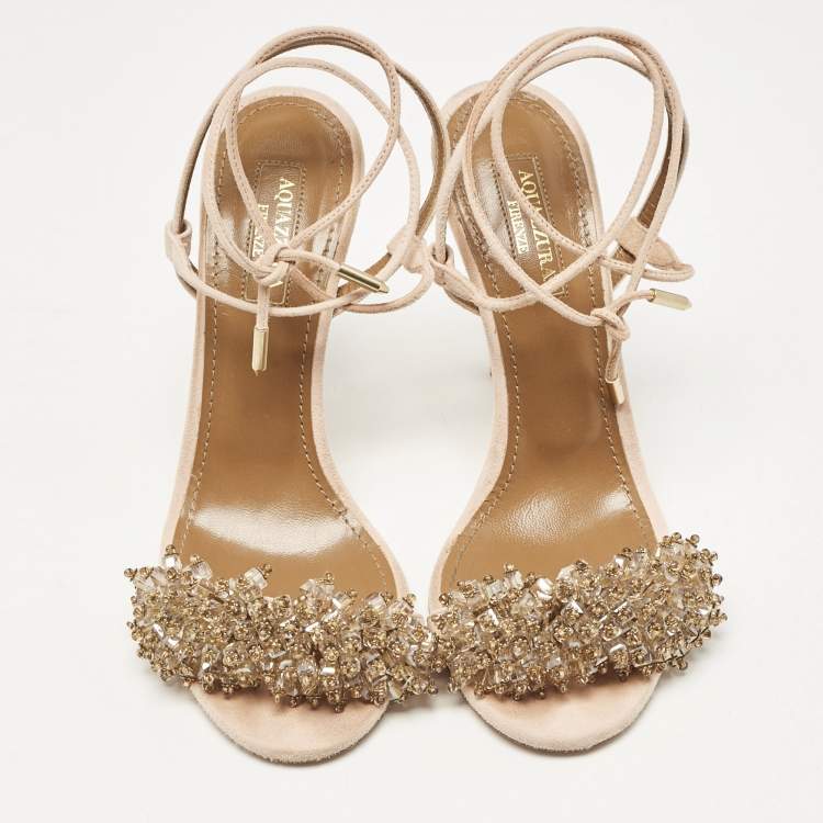 Pre Owned Aquazzura Peach Suede Monaco Embellished Ankle Wrap Sandals Size 36