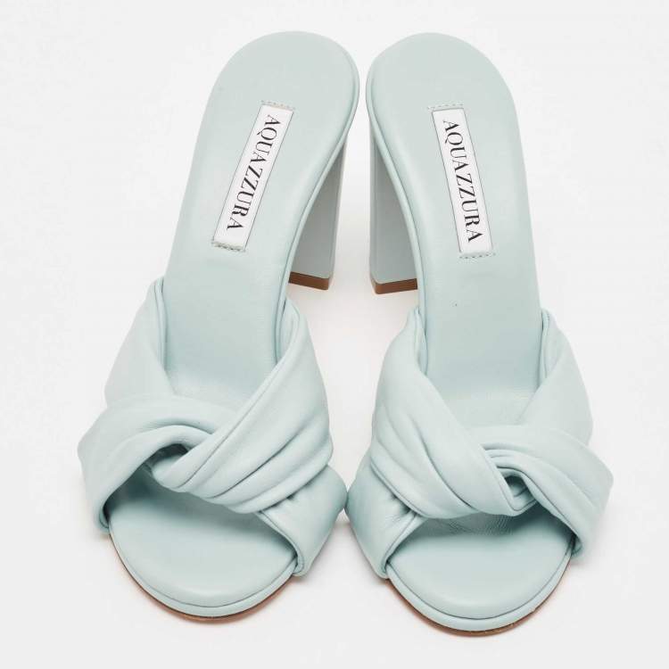 Pre Owned Aquazzura Blue Knotted Leather Olie Slide Sandals Size 36.5