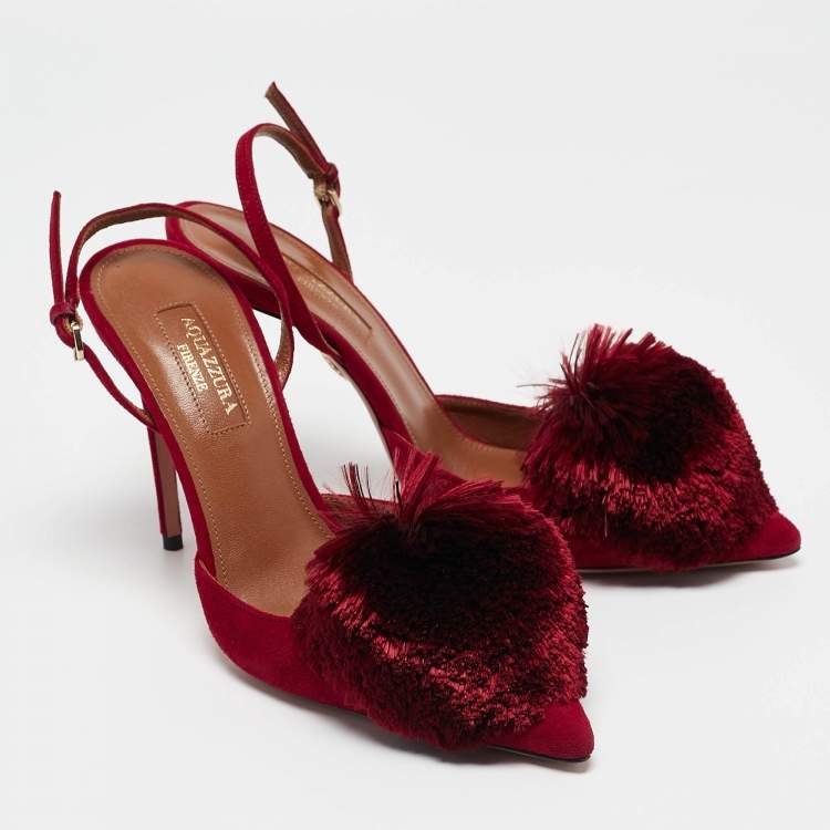 مملوكة مسبقًا Aquazzura Red Suede Powder Puff Slingback Sandals Size 36