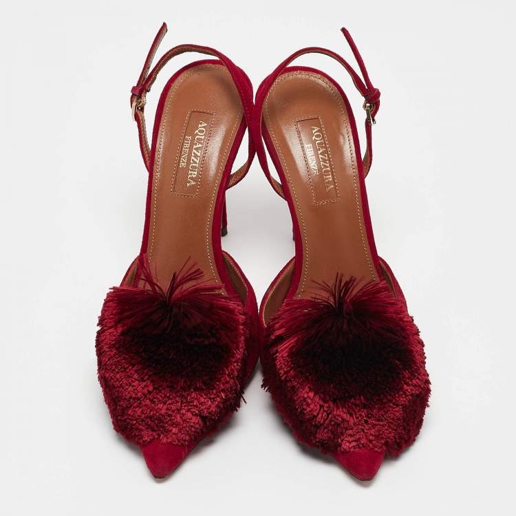 مملوكة مسبقًا Aquazzura Red Suede Powder Puff Slingback Sandals Size 36