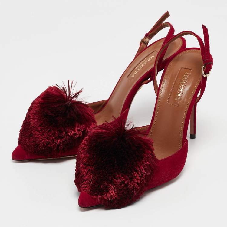 مملوكة مسبقًا Aquazzura Red Suede Powder Puff Slingback Sandals Size 36