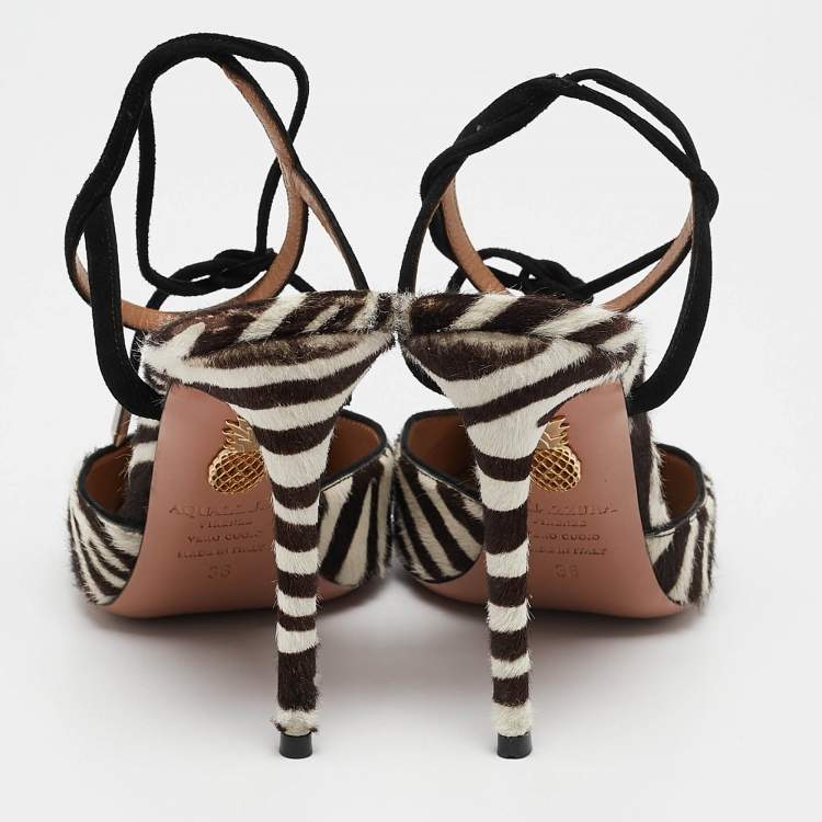 Pre Owned Aquazzura Cream/Brown Calf Hair Pointed Toe Ankle Tie Pumps Size 36