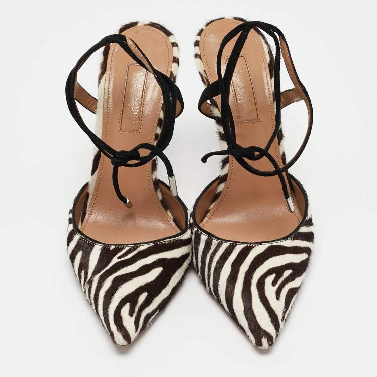 Pre Owned Aquazzura Cream/Brown Calf Hair Pointed Toe Ankle Tie Pumps Size 36