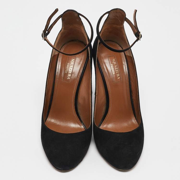 Pre Owned Aquazzura Black Suede Alix Ankle Strap Pumps Size 37