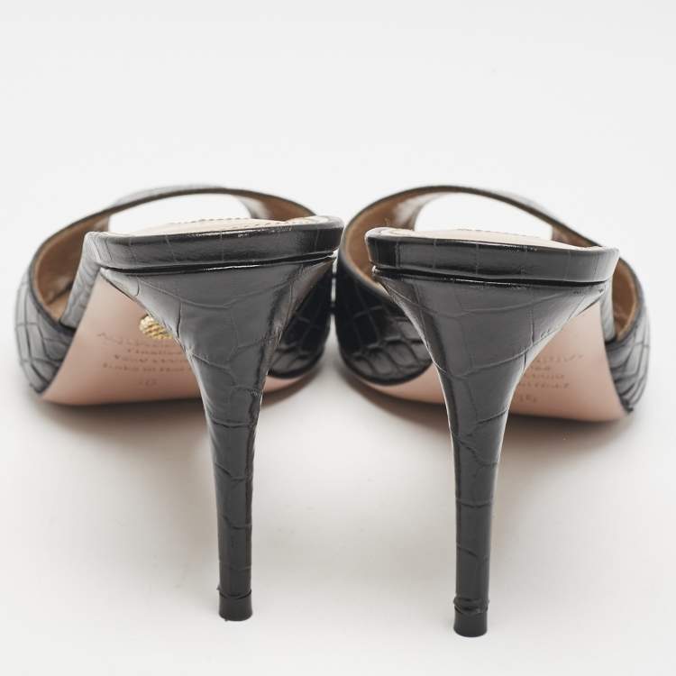 Pre Owned Aquazzura Black Croc Embossed Leather Mules Size 36
