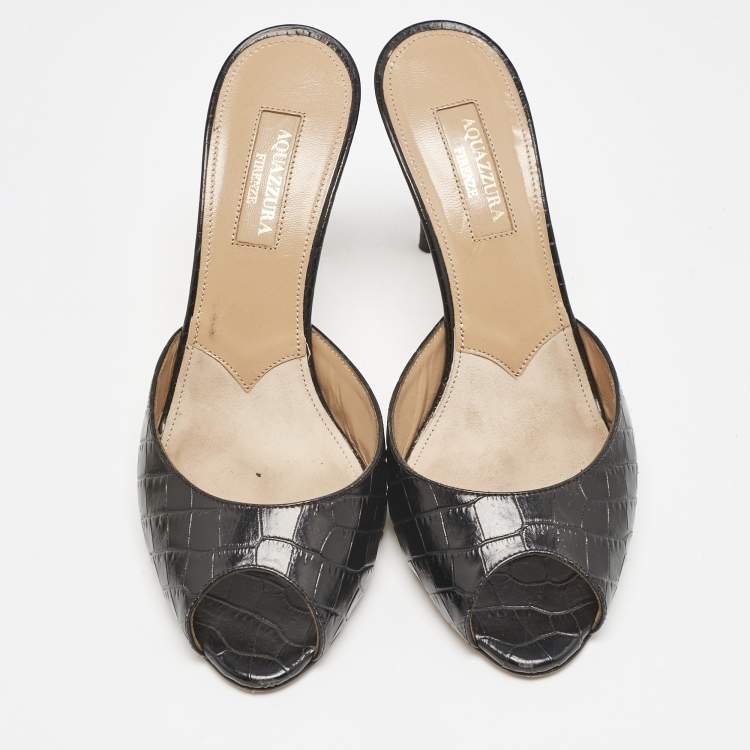 Pre Owned Aquazzura Black Croc Embossed Leather Mules Size 36