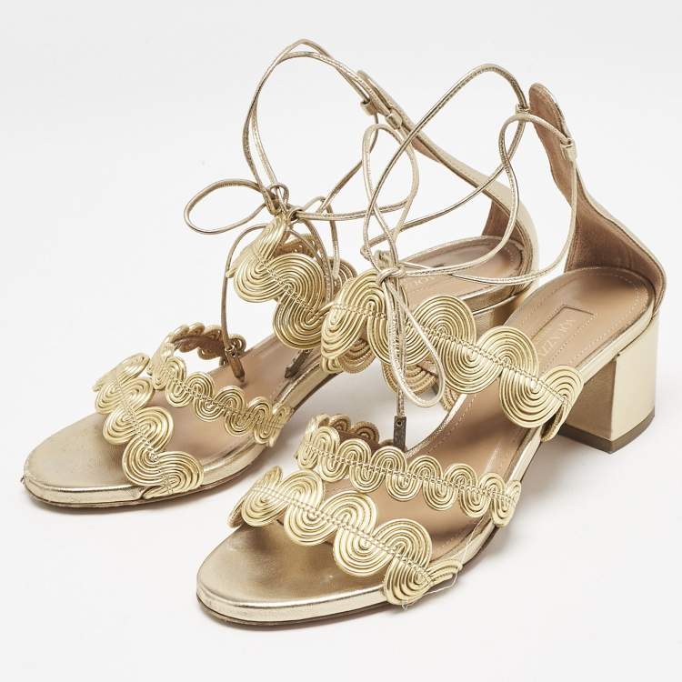 Pre Owned Aquazzura Gold Leather Ankle Strap Sandals Size 35.5
