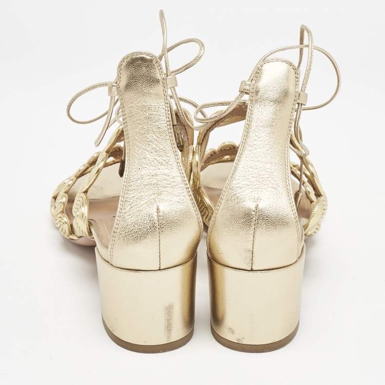 Pre Owned Aquazzura Gold Leather Ankle Strap Sandals Size 35.5