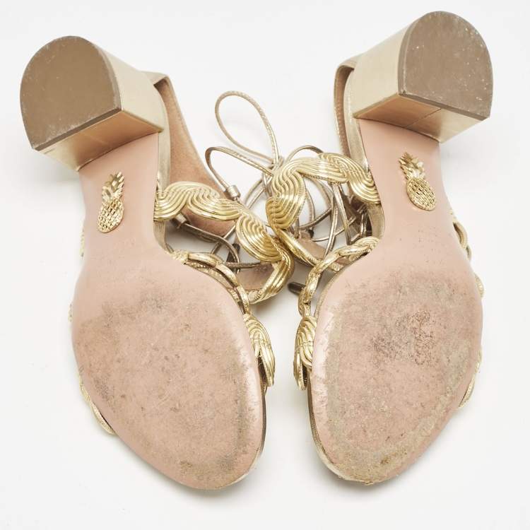 Pre Owned Aquazzura Gold Leather Ankle Strap Sandals Size 35.5